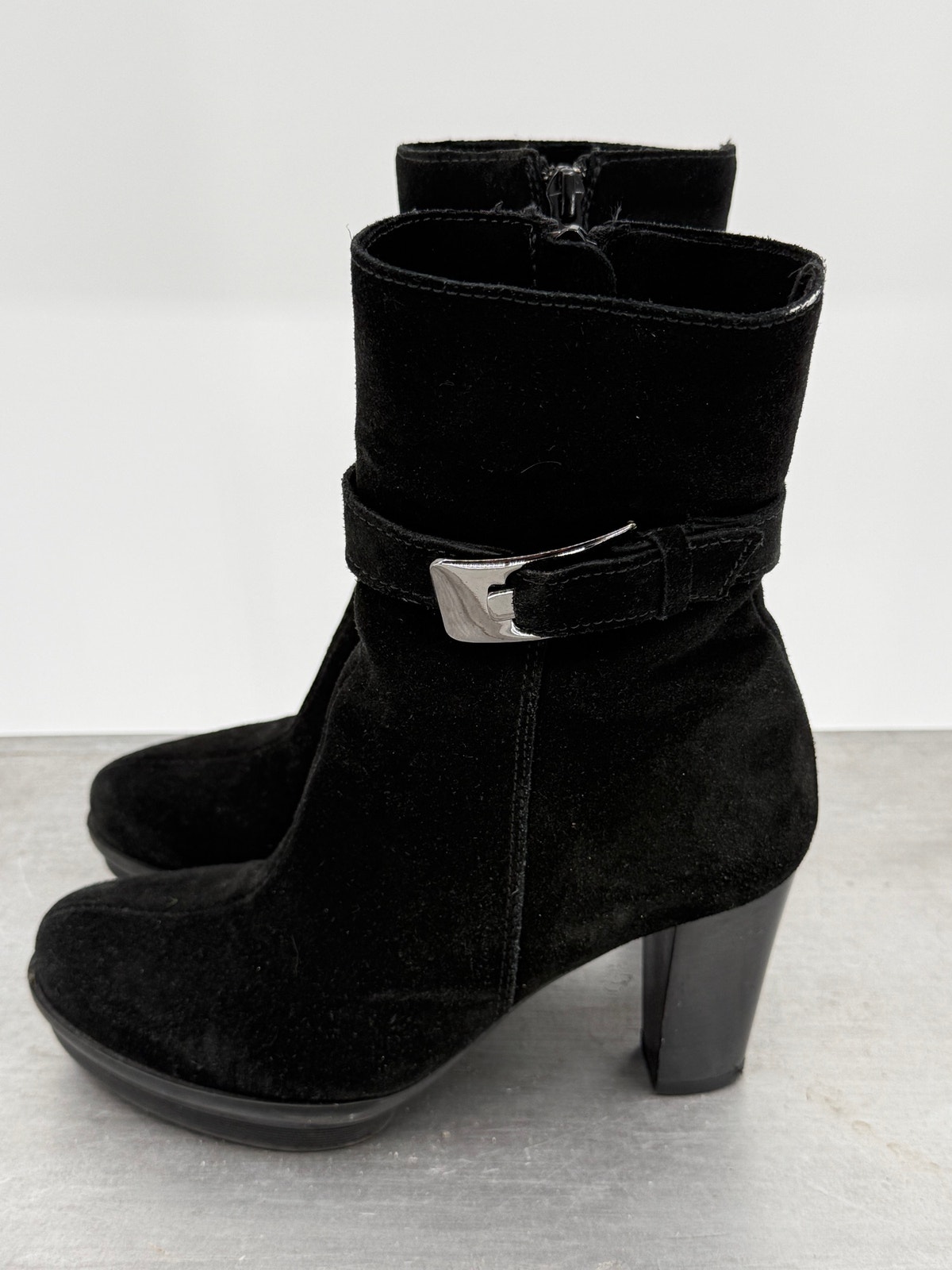 La Canadienne Black Suede Platform Ankle Boots Heel Buckle Zip Womens 5.5 Canada